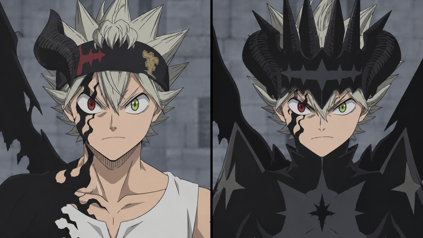 Close-up comparison of Black Asta's one-sided markings and Devil Union Asta's four horns and armor