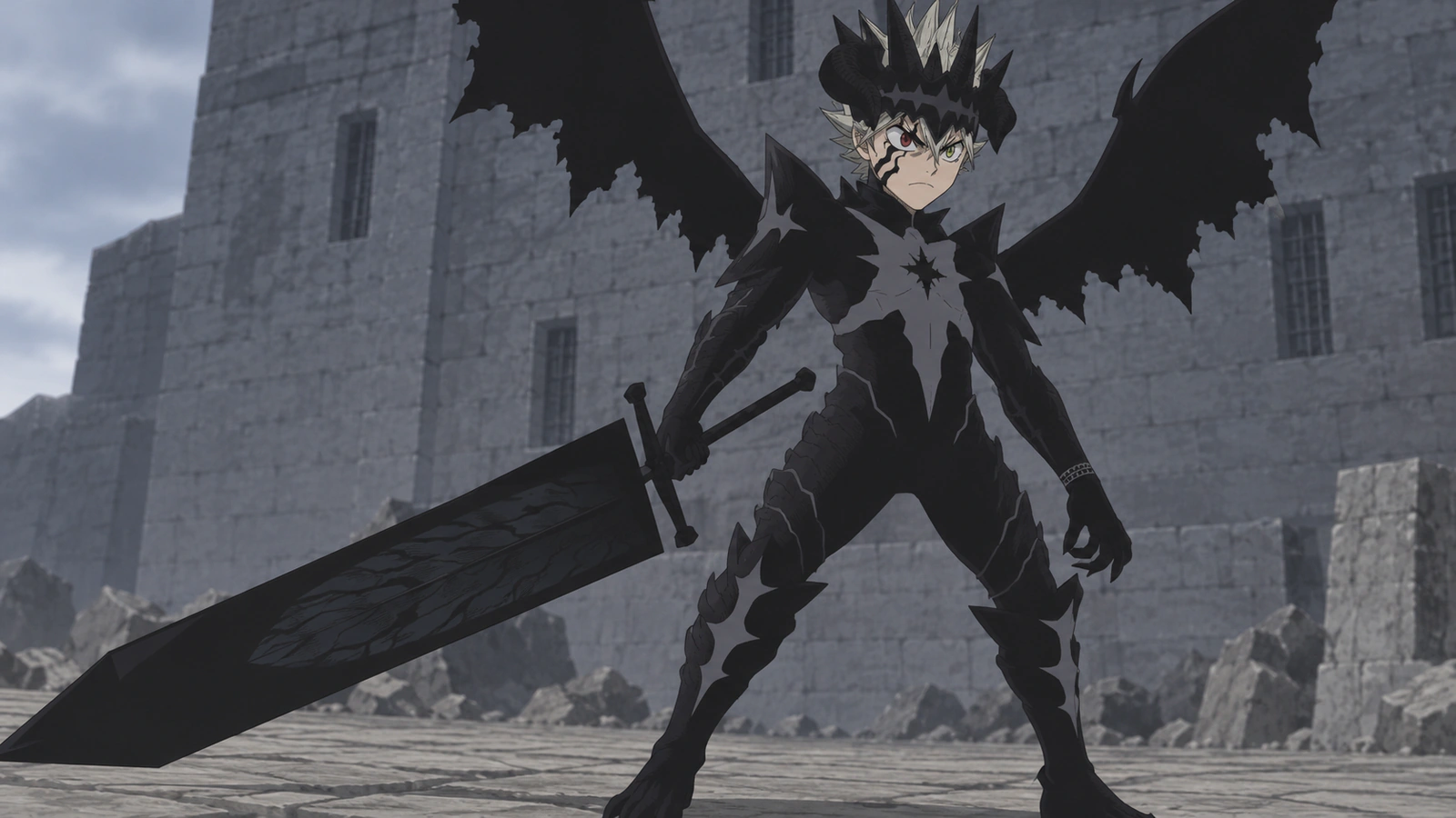 Devil Union Asta with black armor, four horns, two wings and the Demon-Slayer Sword
