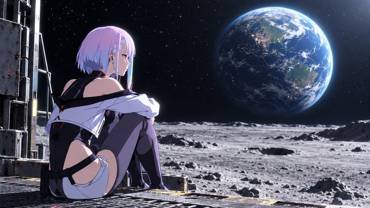 Original editorial illustration of Lucy looking toward Earth from a lunar setting