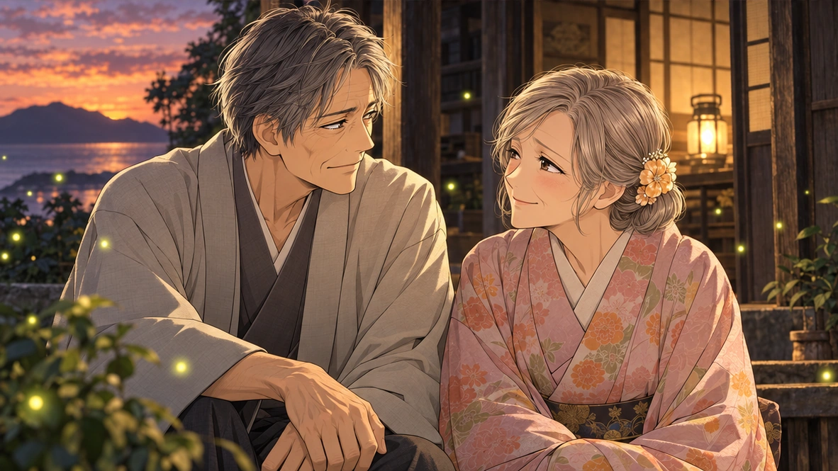 Original editorial illustration of Satoko and Shinpei imagined in old age, inspired by ending summaries