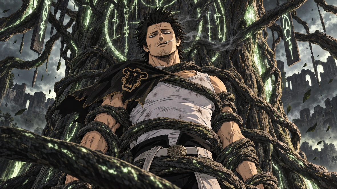 Editorial reconstruction of Yami restrained among roots in the Tree of Qliphoth ritual chamber