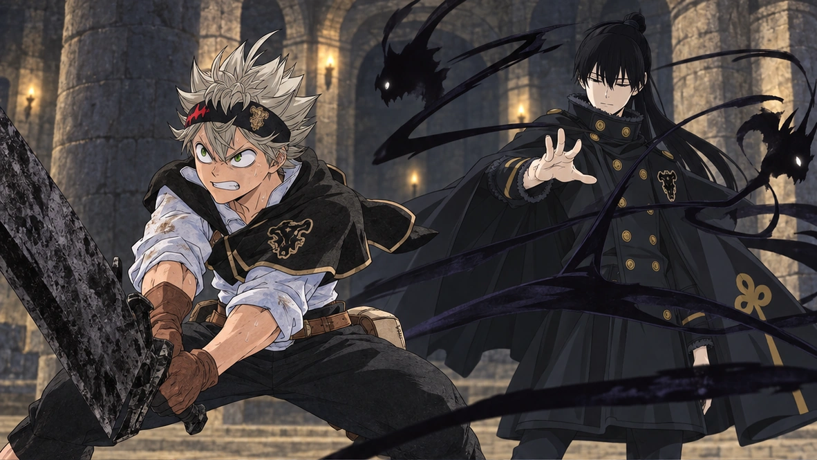 Editorial reconstruction of Nacht training Asta with Shadow Magic in the Faust family's underground chamber