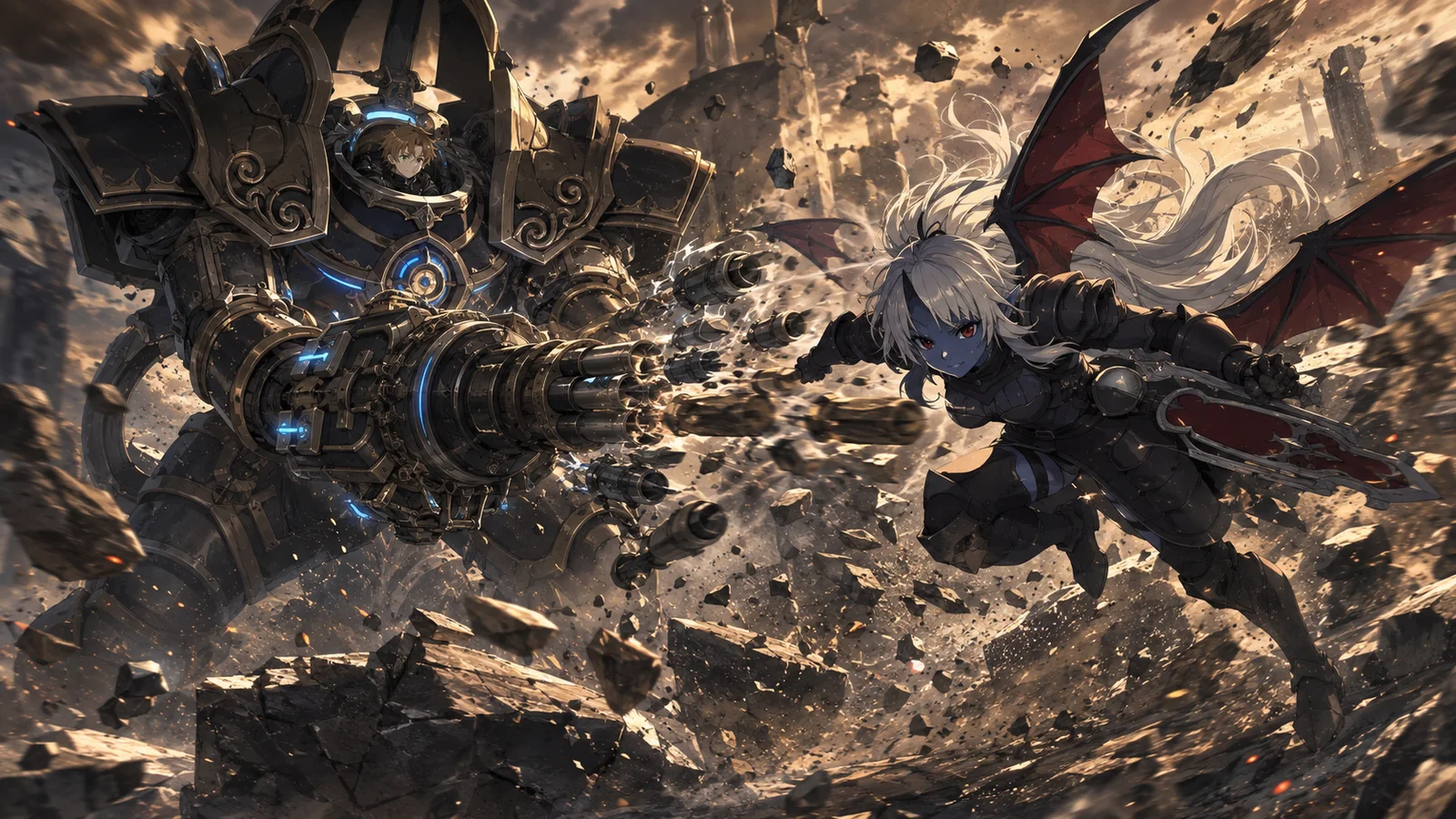 Rudeus inside the massive Magic Armor Version One firing the Stone Cannon Gatling Gun as Atofe charges through the barrage during their Volume 22 rematch