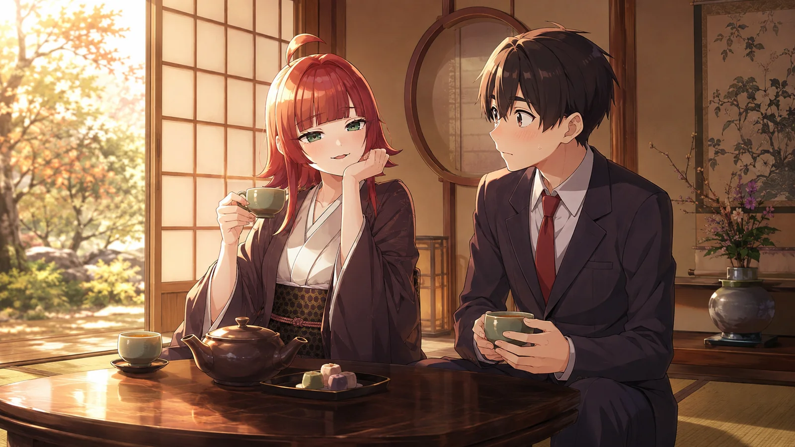 Rentaro sharing a quiet tea break with Yaku Yakuzen, who wears traditional clothing and gently teases him with the confidence and life experience of an elderly widow
