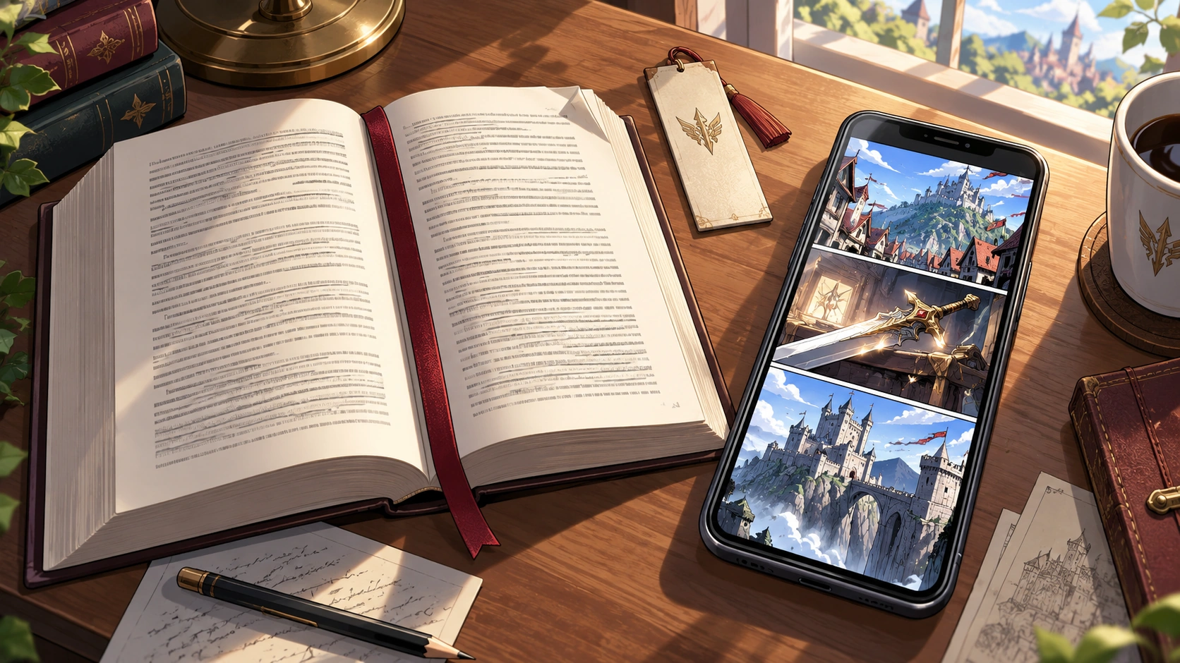 Editorial comparison of a prose novel and a vertical-scroll comic on a phone