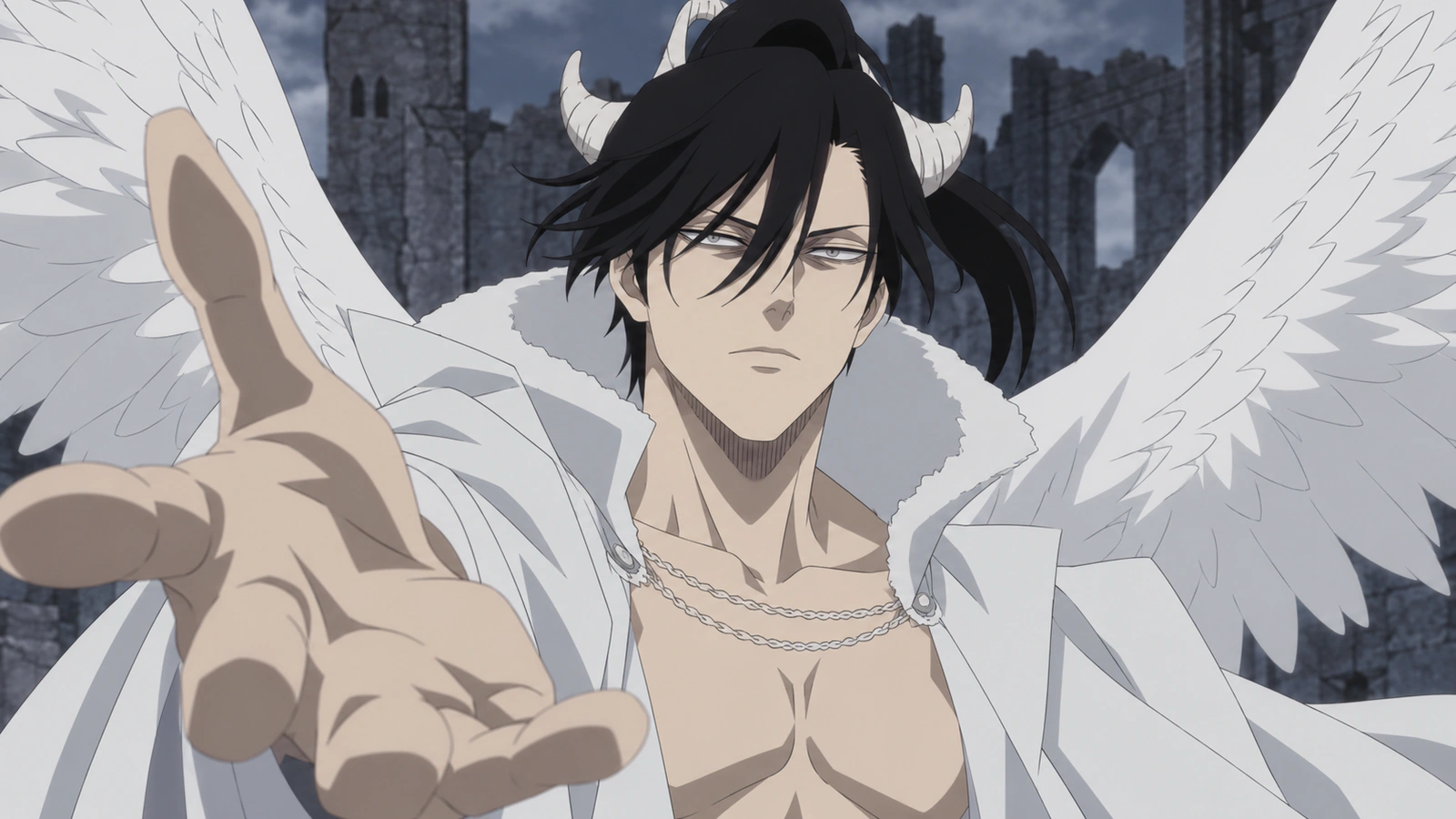 Morgen Faust in his pale, horned and winged Paladin form