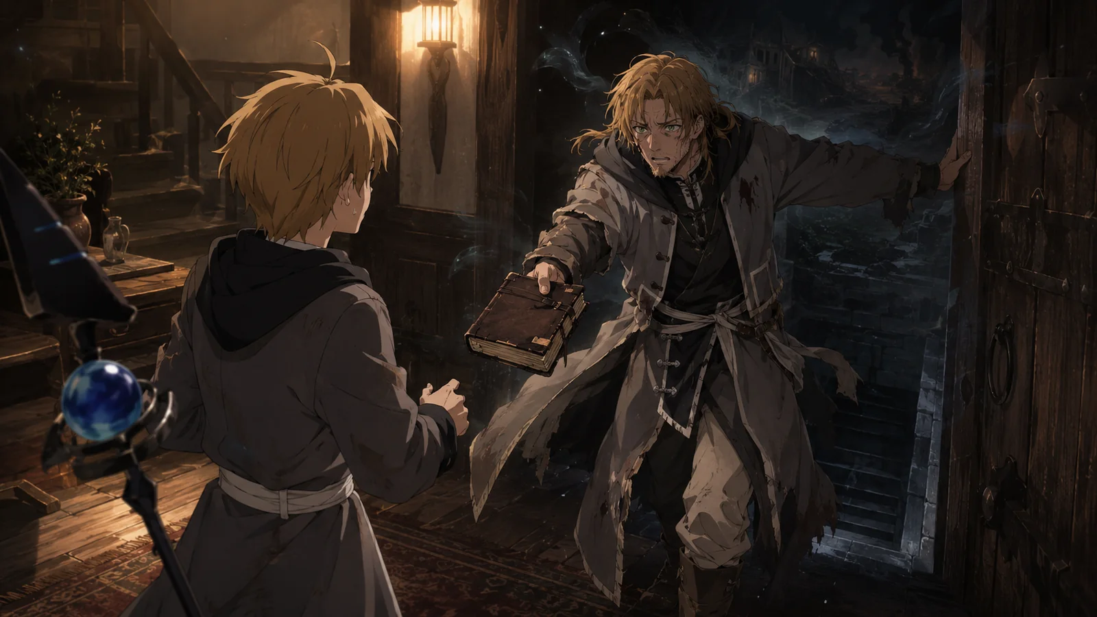 Oldeus, mortally injured by his journey into the past, confronting young Rudeus inside the Greyrat home moments before Rudeus can follow Hitogami's order to enter the basement