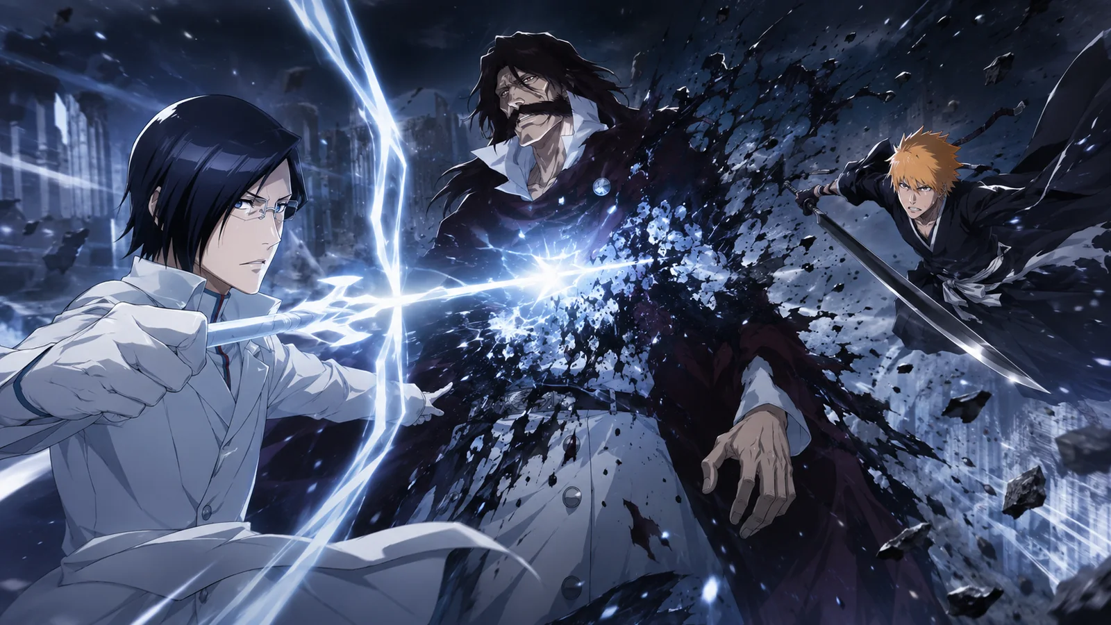 Uryū's Still Silver shot striking Yhwach as his dark power recedes and Ichigo rushes forward with Tensa Zangetsu