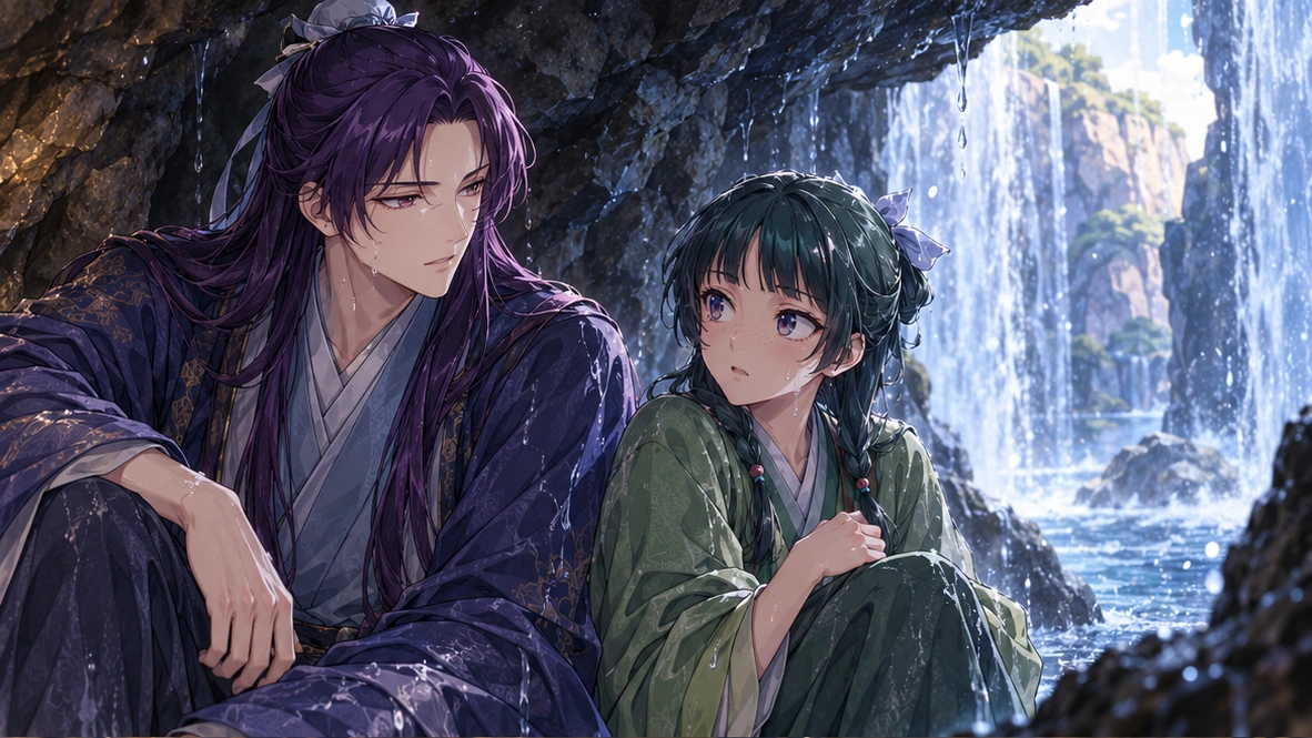 Editorial reconstruction: Jinshi and Maomao shelter in the cave behind the waterfall after the hunt attack.