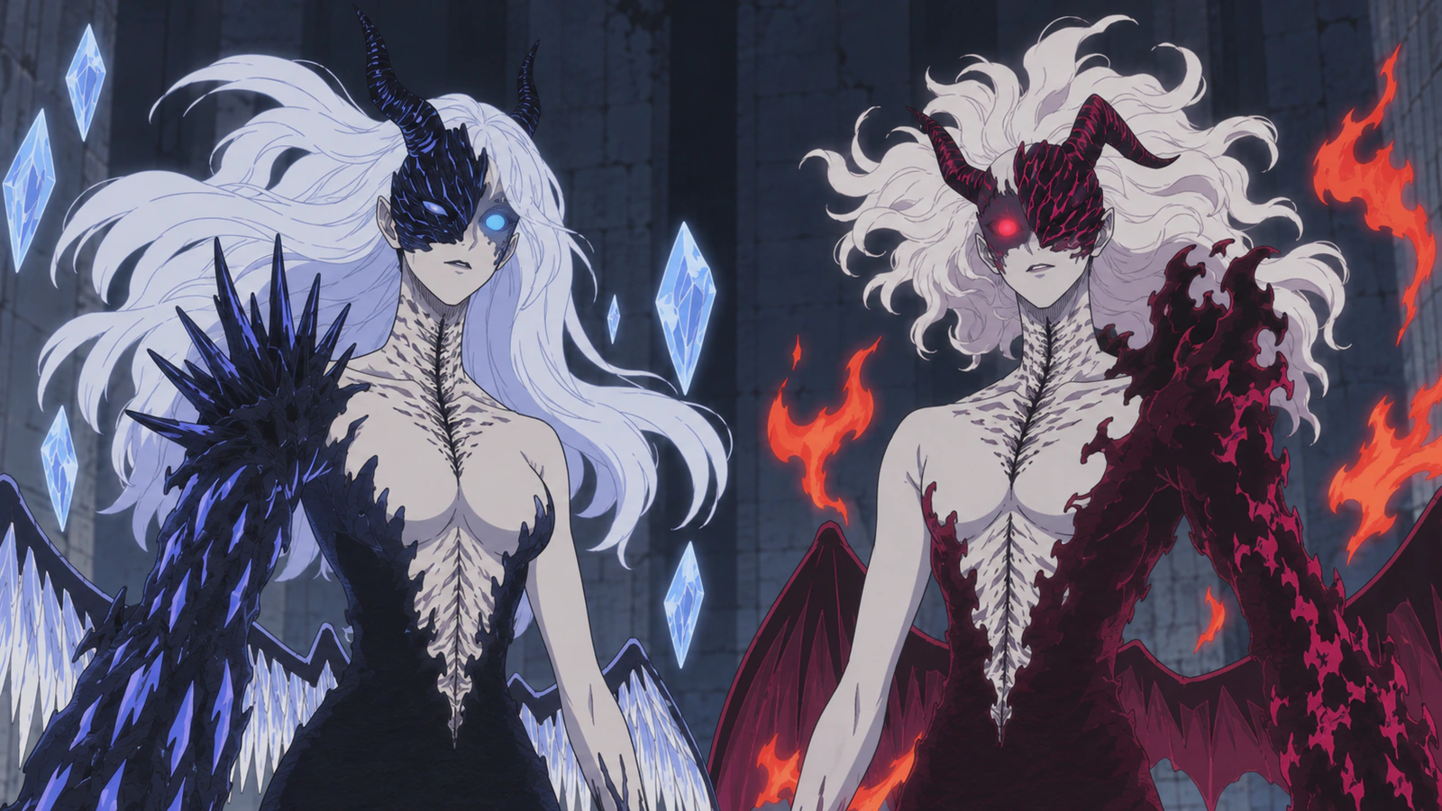 Lilith with ice and Naamah with fire, showing their separate devil forms