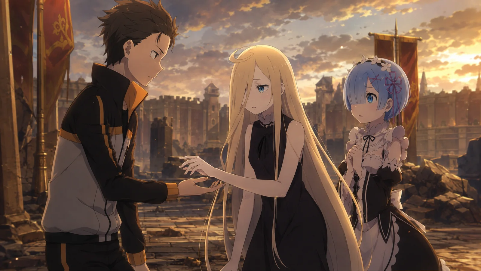 Spica standing with Subaru and Rem in Vollachia as she accepts a new name and reaches for Subaru's hand