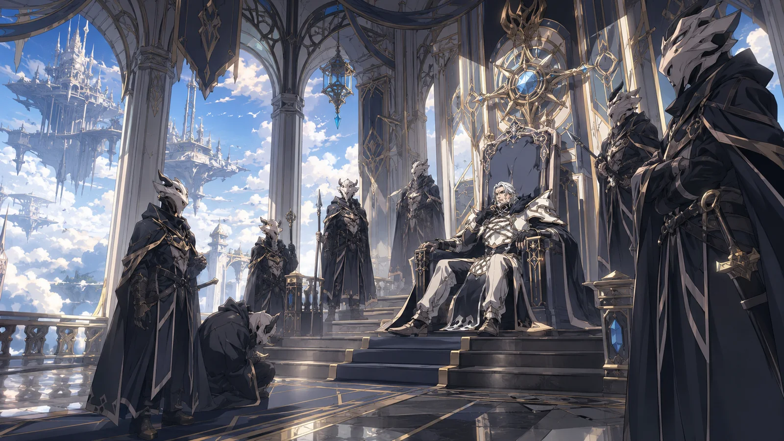 Perugius Dola seated in the throne room of Chaos Breaker with the floating fortress above the clouds and his masked familiars arranged around him