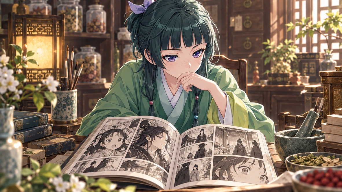 Editorial illustration of Maomao reading an original ink comic at her apothecary desk, representing an expressive manga approach