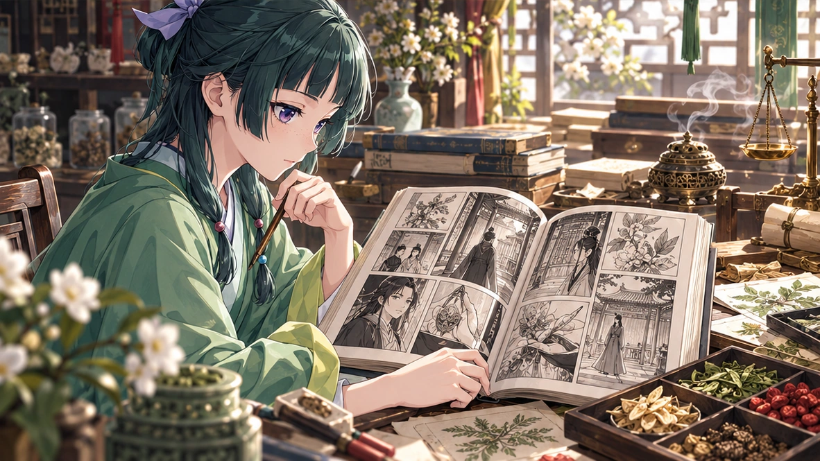 Editorial illustration of Maomao studying fine-line palace investigation panels, representing a second manga approach rather than an official page