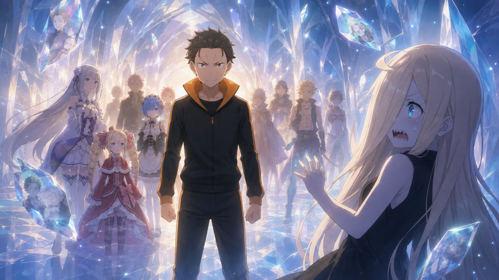 Subaru standing in the Corridor of Memories with silhouettes of Emilia, Beatrice, Rem, and his other bonds behind him while Louis watches in fear