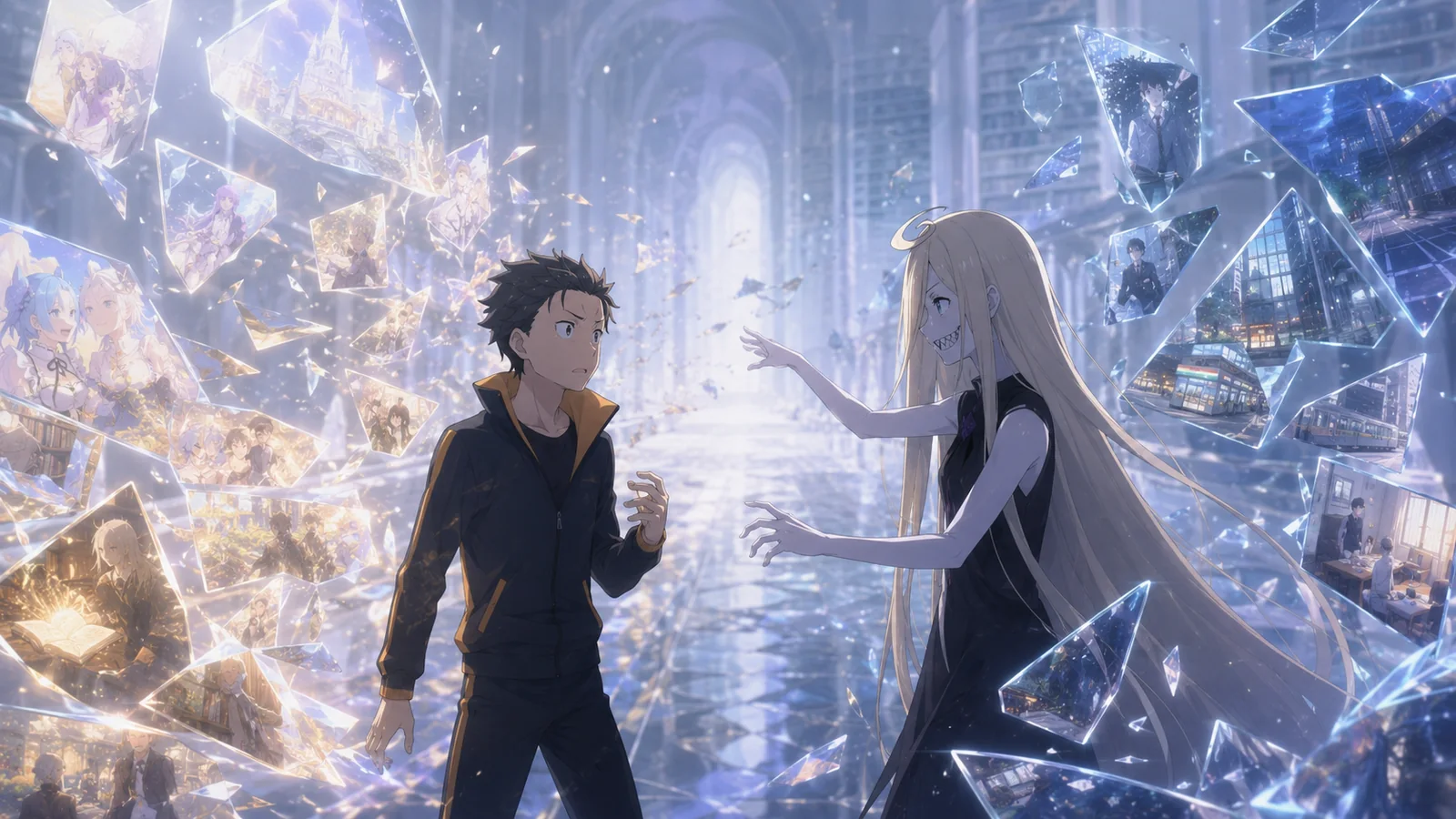 Louis Arneb facing an amnesiac Subaru in the white Hall of Memories as fragments of his Lugunica memories separate from his intact memories of Japan