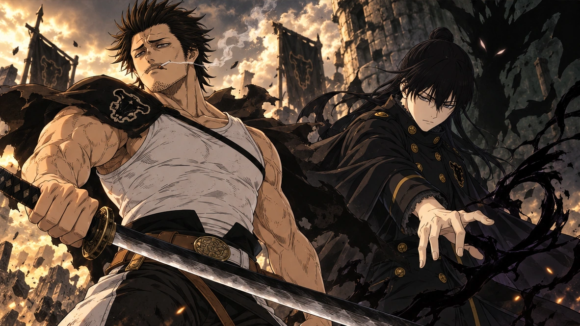 Editorial reconstruction of adult Nacht and Yami fighting together within overlapping Shadow and Dark Magic