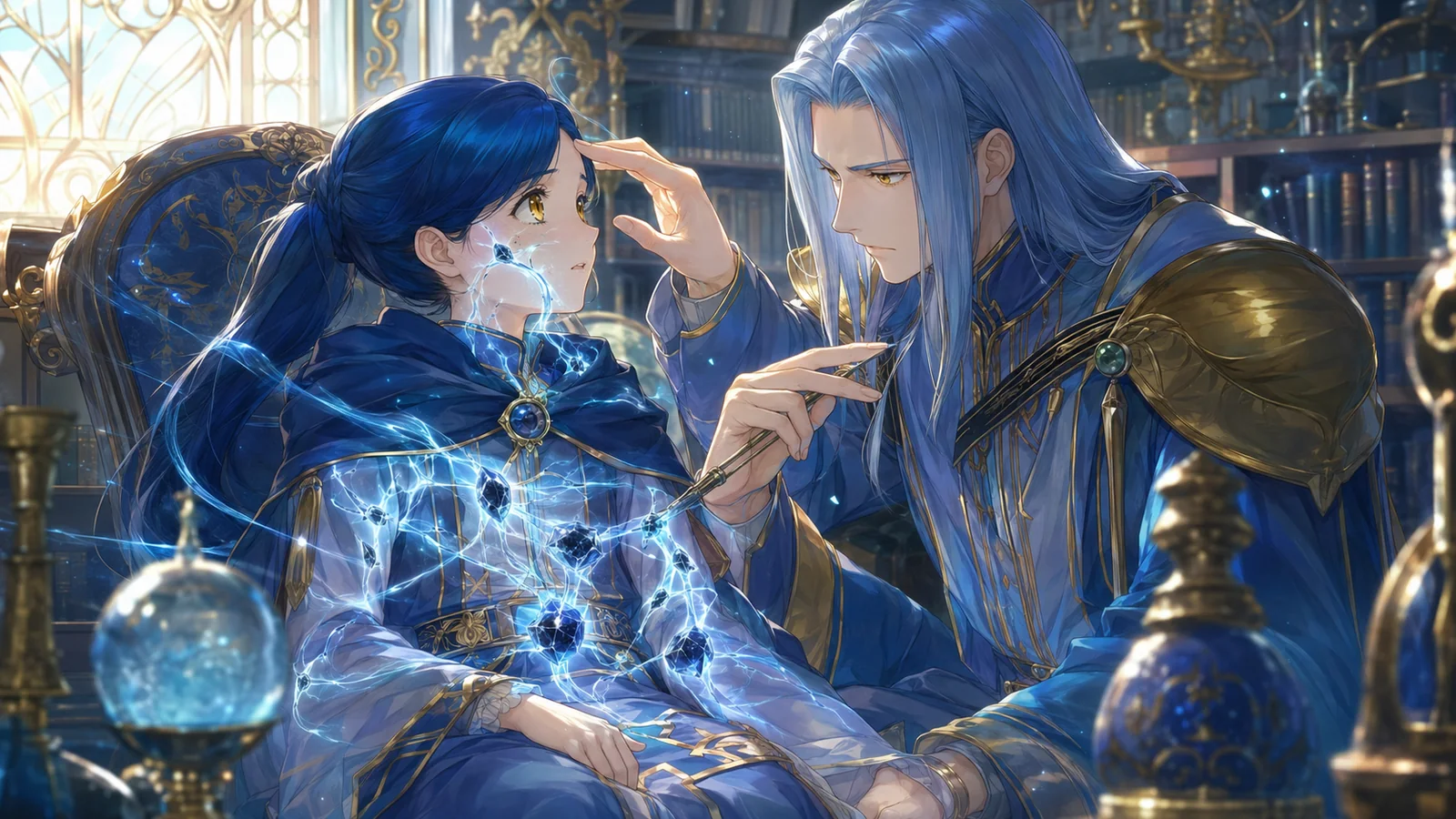 Ferdinand examining frail Rozemyne and identifying hardened mana clumps obstructing the flow of mana through her small body
