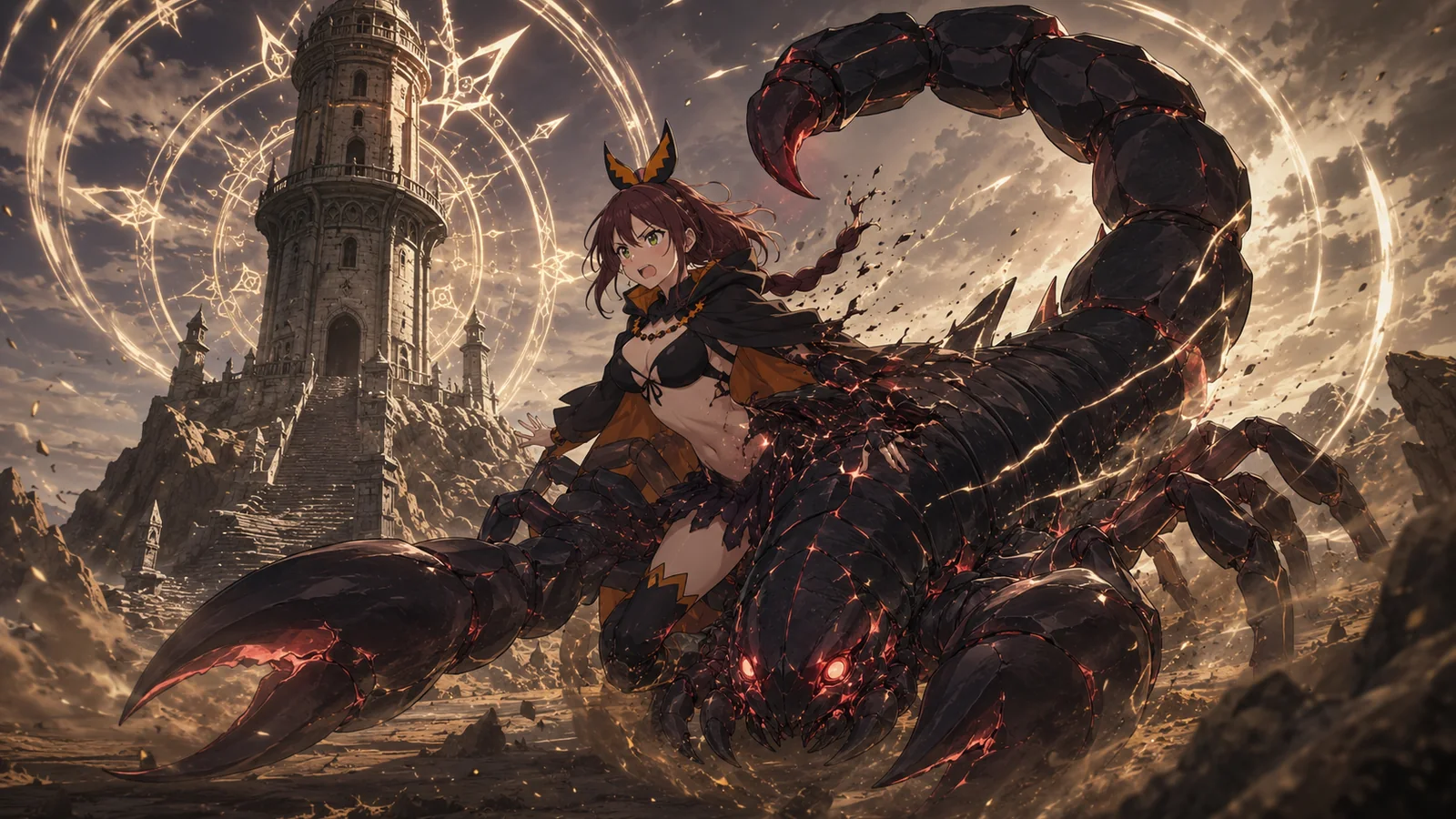 Shaula transforming beside the Pleiades Watchtower as her humanoid silhouette gives way to the enormous black-carapaced Crimson Scorpion with glowing red eyes