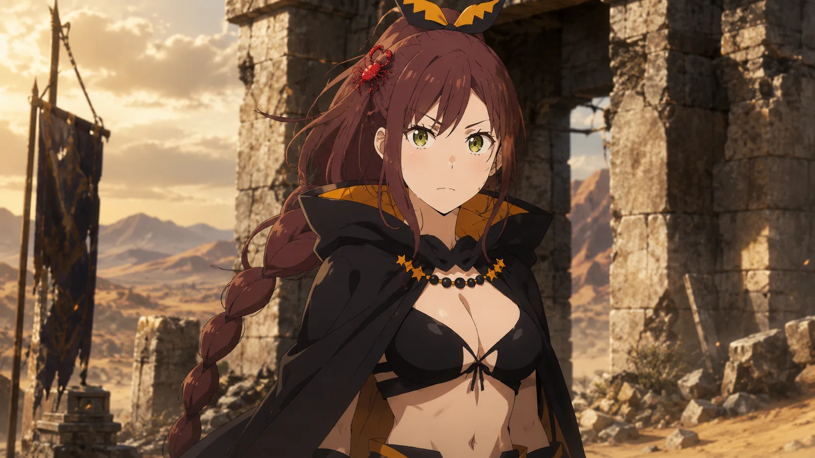 Meili Portroute with the tiny crimson scorpion perched in her hair after the Pleiades Watchtower battle, emphasizing Shaula's reduced post-Arc 6 state